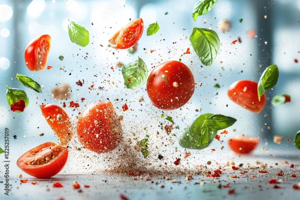 Tomatoes and basil leaves in dynamic motion with spices against a light blue background Tomatoes and basil leaves in dynamic motion with spices against a light blue background