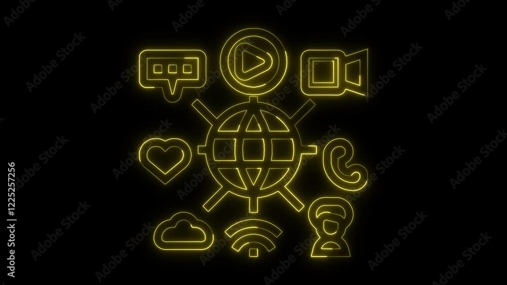Glowing neon line social media neon icons animation yellow color, social media logos neon animation concept Glowing neon line social media neon icons animation yellow color, social media logos neon animation concept