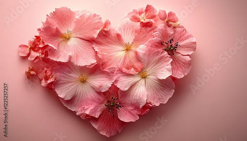 Heart shape formed by fresh pink flowers, soft petals and vibrant colors, on a gentle pink background, romantic and delicate, highdetail, ultrarealistic, 8K resolution