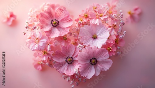 Heart shape formed by fresh pink flowers, soft petals and vibrant colors, on a gentle pink background, romantic and delicate, highdetail, ultrarealistic, 8K resolution