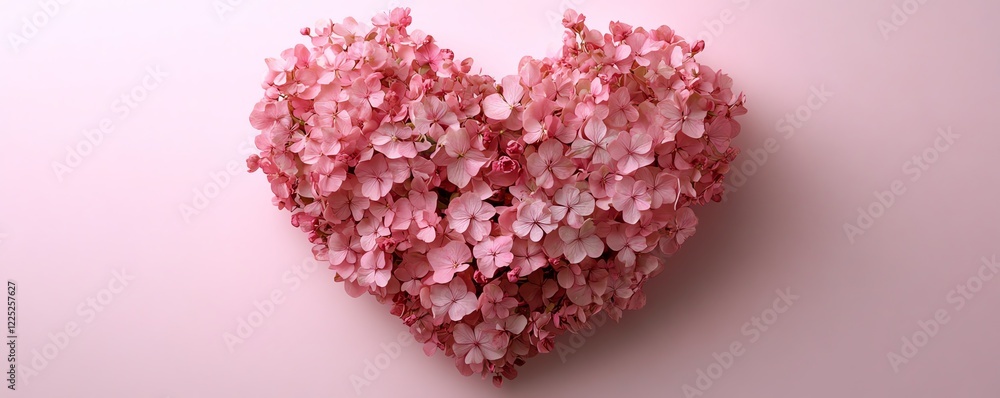 Heartshaped floral arrangement using fresh pink flowers, soft pink backdrop, lush petals and intricate details, romantic and delicate, highdefinition 4K