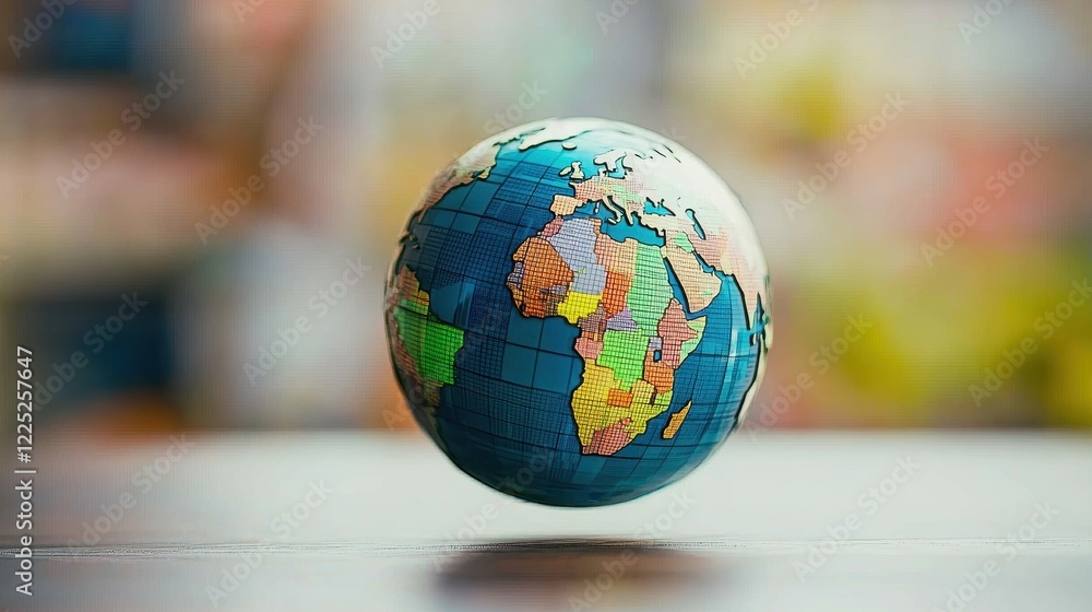 A colorful globe depicting continents, floating above a blurred background. A colorful globe depicting continents, floating above a blurred background.