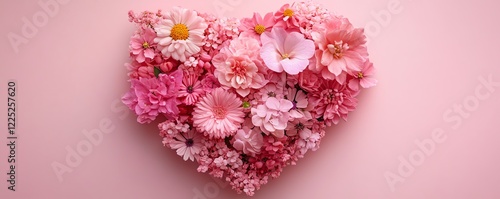 Heartshaped floral arrangement using fresh pink flowers, soft pink backdrop, lush petals and intricate details, romantic and delicate, highdefinition 4K