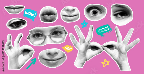Halftone trendy collage face and body parts showcasing different emotions, gesturing hand signs