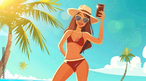 Young Woman Taking Selfie in Swimsuit - Summer Vacation Image