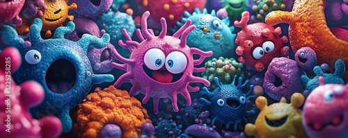 Magnified view of cute and colorful bacteria and microbes, scientific closeup, vibrant colors, friendly cartoonish characters, highdefinition texture photo