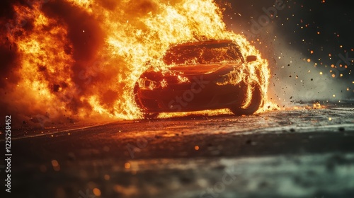 Car engulfed in flames on the side of a road with smoke billowing into the air photo