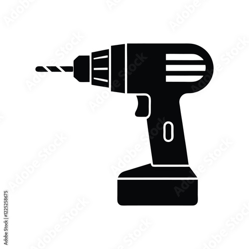 Drill Machine Silhouette Vector Icon for Power Tools, Construction Work, and Mechanical Repairs, Featuring a Black Electric Drill for Carpentry and DIY Graphics.