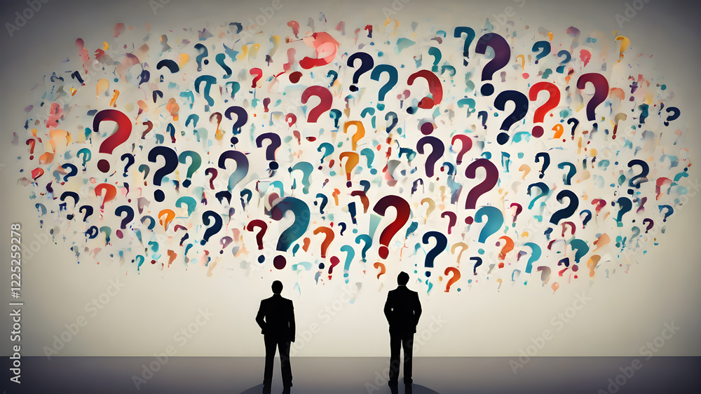 A silhouette of men with question marks symbolizing uncertainty and exploration. A silhouette of men with question marks symbolizing uncertainty and exploration.