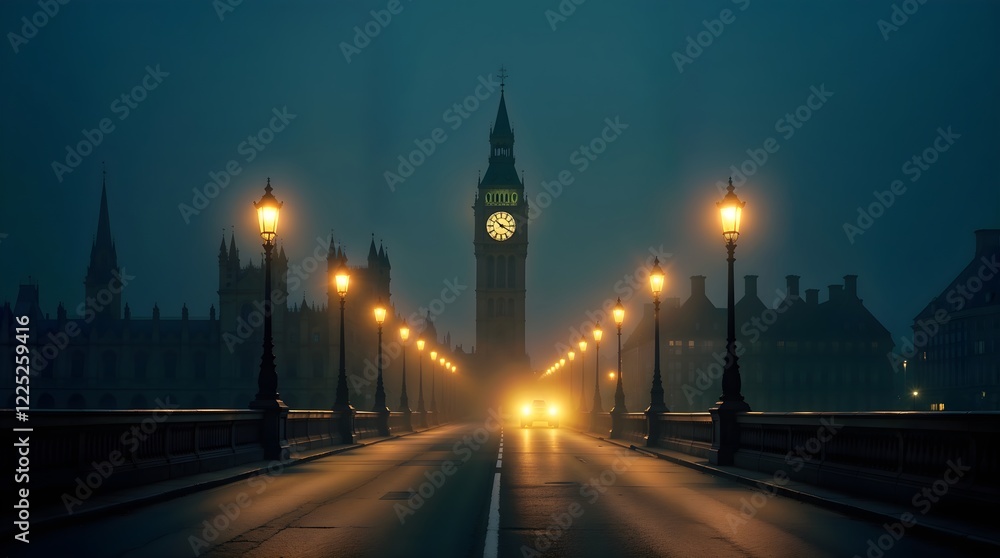 Obraz premium A night with the iconic Big Ben clock tower visible in the distance, a moody atmospheric environment, street lamps illuminating the scene, Foggy London Commute, created with generative ai