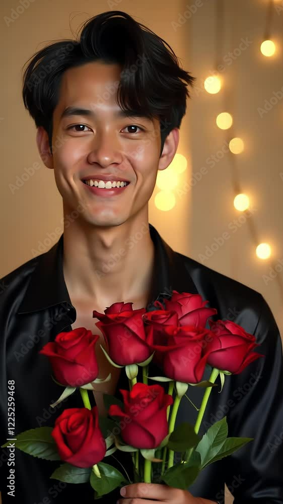 Young man smiles warmly while presenting a bouquet of red roses across three consecutive frames Young man smiles warmly while presenting a bouquet of red roses across three consecutive frames