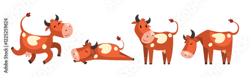 Funny Brown Cow Farm Animal in Different Pose Vector Set