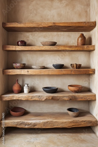 Wallpaper Mural Rustic wooden shelves with handcrafted pottery and bowls against a textured wall backdrop Torontodigital.ca