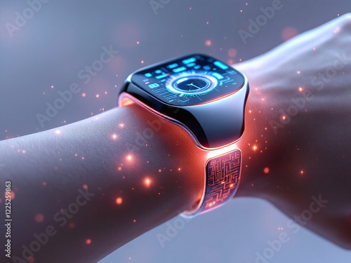 Here is a product-style image of a futuristic, light blue smart bracelet. photo