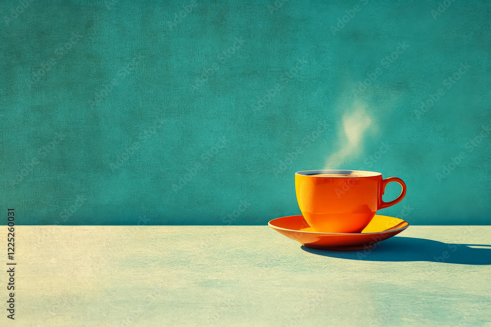 Bright orange cup with steaming coffee on a simple table against a blue background Bright orange cup with steaming coffee on a simple table against a blue background
