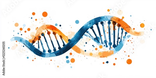 Abstract dna strand illustration in blue and orange with scattered dots on white background