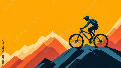 Cyclist atop mountain during sunset with vibrant orange sky in the background