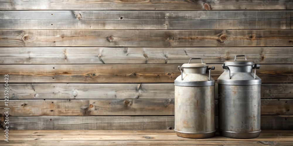 Rustic Still Life Two Weathered Metal Milk Churns Against a Weathered Wooden Wall Rustic Still Life Two Weathered Metal Milk Churns Against a Weathered Wooden Wall