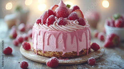 Delicious pink berry cake, festive lights background, food photography, recipe photo