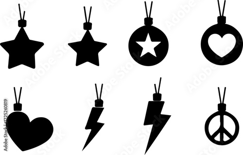 A collection of eight black and white icon images, styled as hanging ornaments