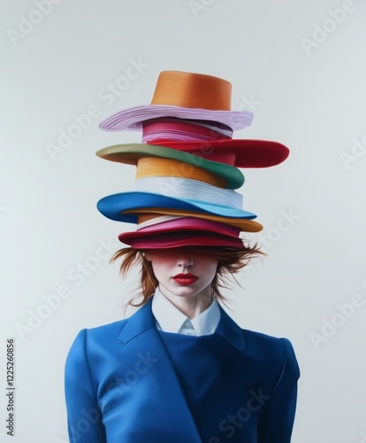 a woman in blue suit and white shirt is wearing many hats photo