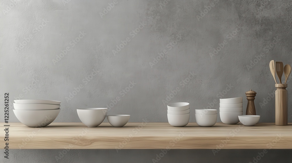 Modern light wooden tabletop with copyspace for your text at blurry kitchen utensils and dishes on grey wall background. 3D rendering, mockup Modern light wooden tabletop with copyspace for your text at blurry kitchen utensils and dishes on grey wall background. 3D rendering, mockup