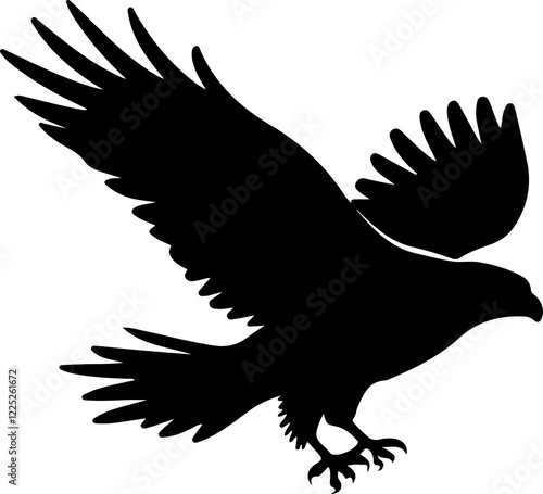 A black silhouette of a bald eagle is shown preparing to land