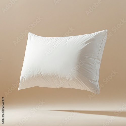 Un coussin rectangulaire blanc de taille king, flottant dans les airs sur un fond. L'éclairage du studio met en valeur sa texture douce et ses contours photo