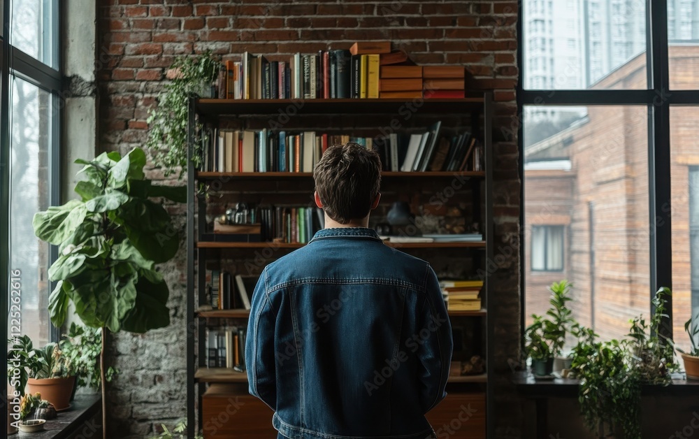 Industrial-style loft with a man in a denim jacket standing by a dark wood bookshelf. The background showcases an exposed brick wall Industrial-style loft with a man in a denim jacket standing by a dark wood bookshelf. The background showcases an exposed brick wall