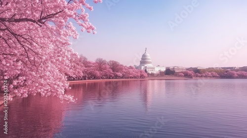 A picturesque view of the U.S. Capitol building framed by vibrant pink cherry blossoms.