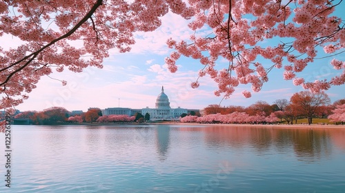A picturesque view of the U.S. Capitol building framed by vibrant pink cherry blossoms.