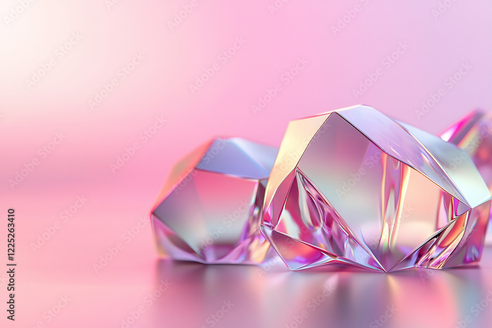 Colorful crystal gemstones reflecting light on a smooth surface with a soft pastel gradient background Colorful crystal gemstones reflecting light on a smooth surface with a soft pastel gradient background
