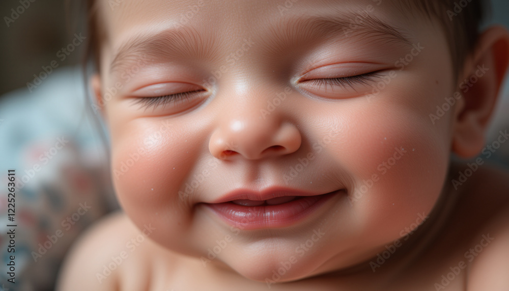 Baby smiling and peacefully sleeping in deep sleep, with a serene expression on its face. Baby smiling and peacefully sleeping in deep sleep, with a serene expression on its face.