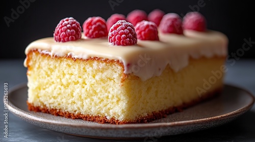 Delicious vanilla cake with raspberries, close-up shot, dark background, food photography photo