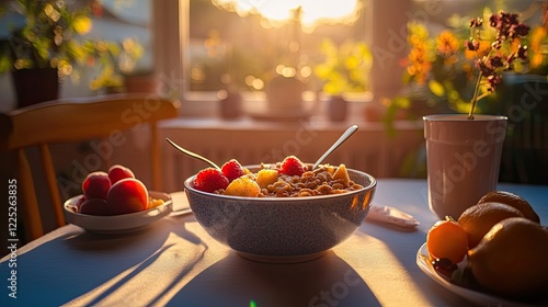 A sunlit breakfast scene featuring a blue bowl of granola topped with fresh raspberries and blueberries,