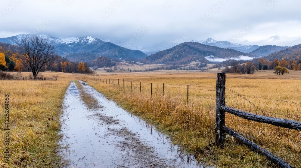 Autumnal valley road, mountain view, wet path, overcast sky Autumnal valley road, mountain view, wet path, overcast sky