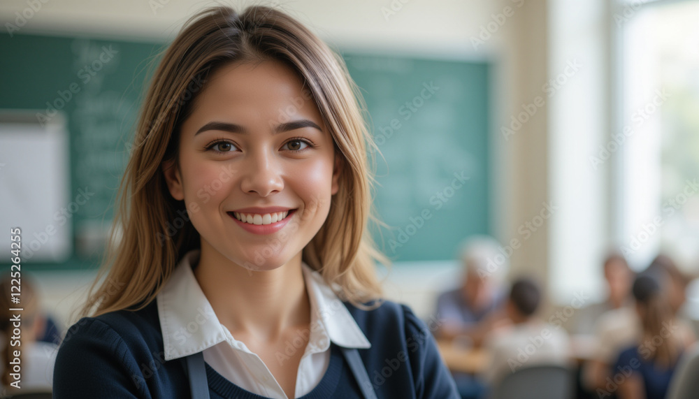 Smiling teacher in classroom celebrating Teachers Day. International Education Day Smiling teacher in classroom celebrating Teachers Day. International Education Day
