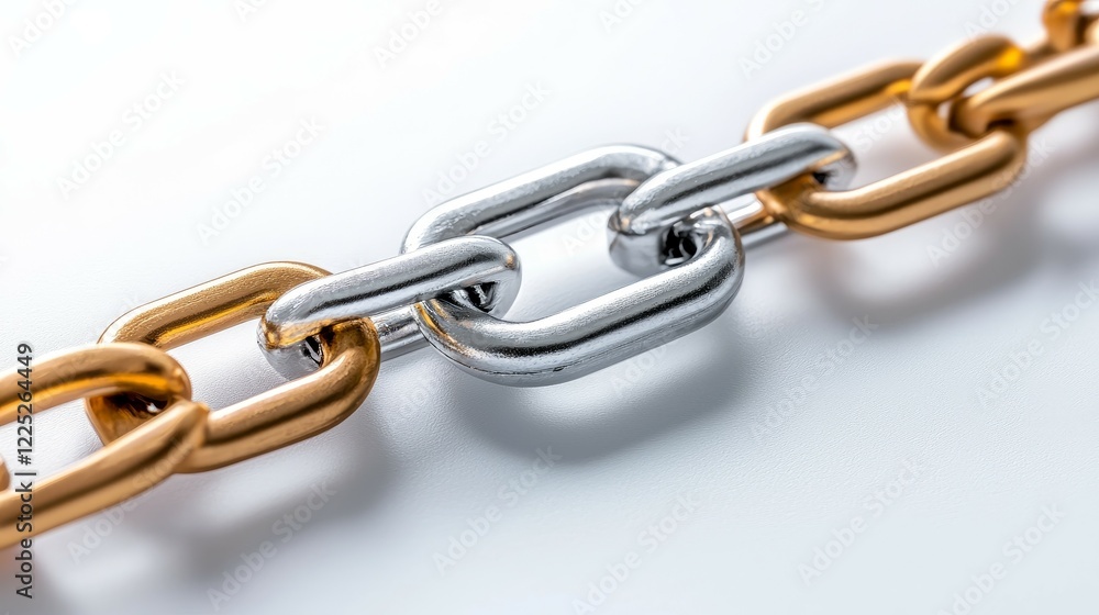digital assets and ecosystem concept. Close-up of a gold and silver chain link with a shiny finish against a light background.