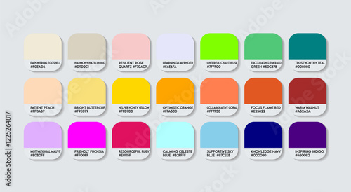 Teaching Assistant Color Guide Palette with Color Names. Catalog Sample Teaching Assistants with RGB HEX codes and Names. Colors Palette, New Assistant Color Palette, Fashion Trend Color Palette 2027