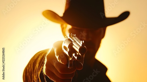 Lone Cowboy with Holstered Revolver,Enigmatic Gaze,and Atmospheric Lighting in Desert Landscape photo