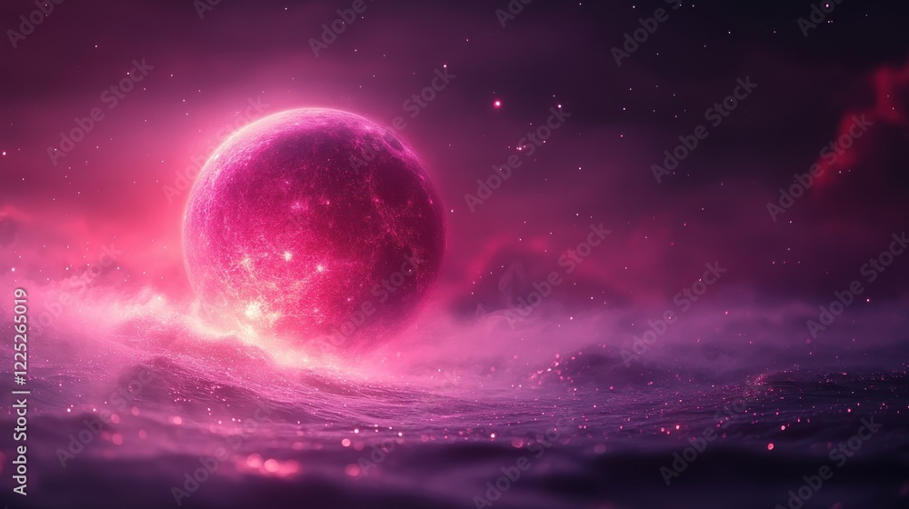 Obraz premium Pink Planet Over Glimmering Sea: A Dreamlike Cosmic Scene