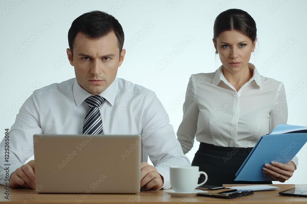 Business people working in office with laptop and folder displaying teamwork and concentration Business people working in office with laptop and folder displaying teamwork and concentration