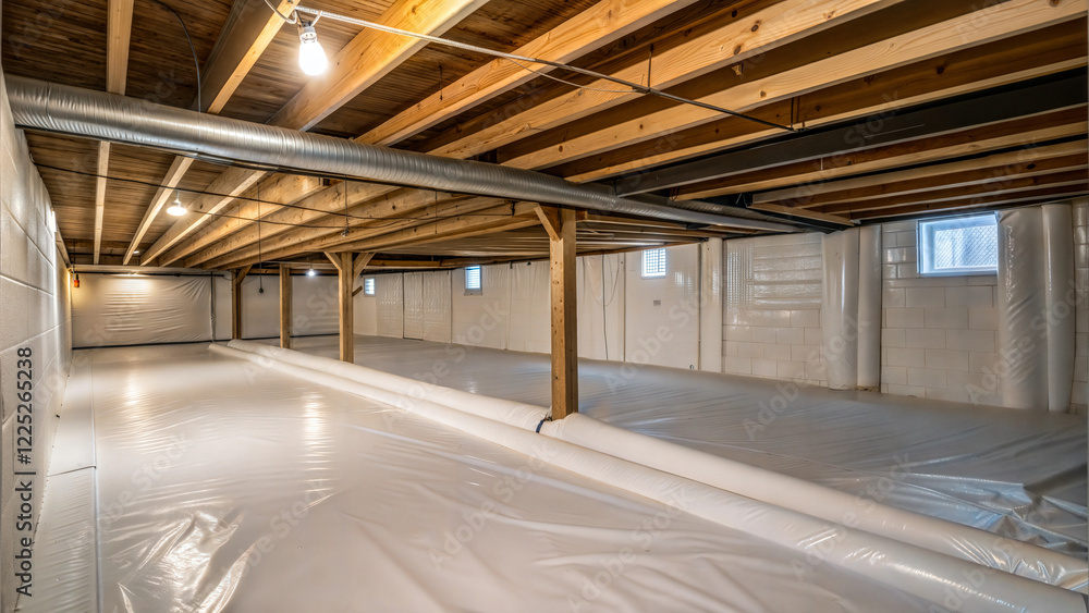 Crawl Space with Vapor Barrier, Beams, and Insulation for Effective Moisture Control Crawl Space with Vapor Barrier, Beams, and Insulation for Effective Moisture Control
