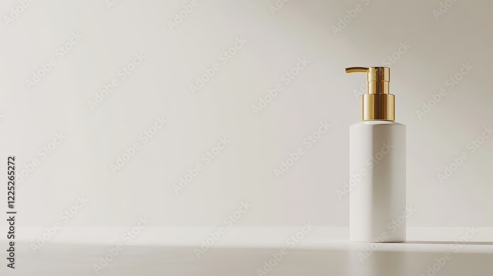 Elegant White Bottle with Golden Pump on Soft Neutral Background Elegant White Bottle with Golden Pump on Soft Neutral Background