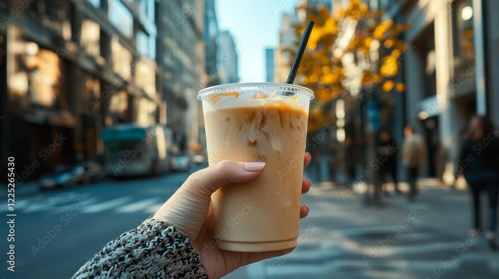 A woman's hand gracefully holds an iced coffee, showcasing the creamy drink on a sunny day amidst a lively city atmosphere. Autumn foliage enhances the vibrant scene A woman's hand gracefully holds an iced coffee, showcasing the creamy drink on a sunny day amidst a lively city atmosphere. Autumn foliage enhances the vibrant scene