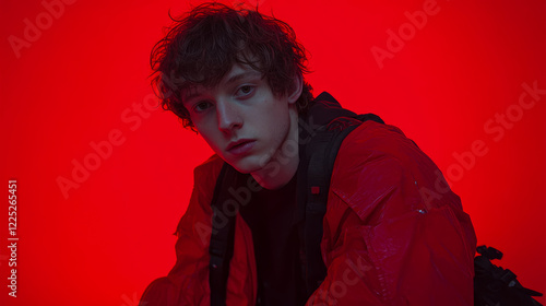 Crimson-lit Teenager in Red Jacket: A Striking Portrait
