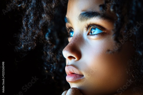 A close-up of a person biting their lip, their eyebrows slightly furrowed, and their eyes looking uncertain, with soft, moody lighting to convey apprehension