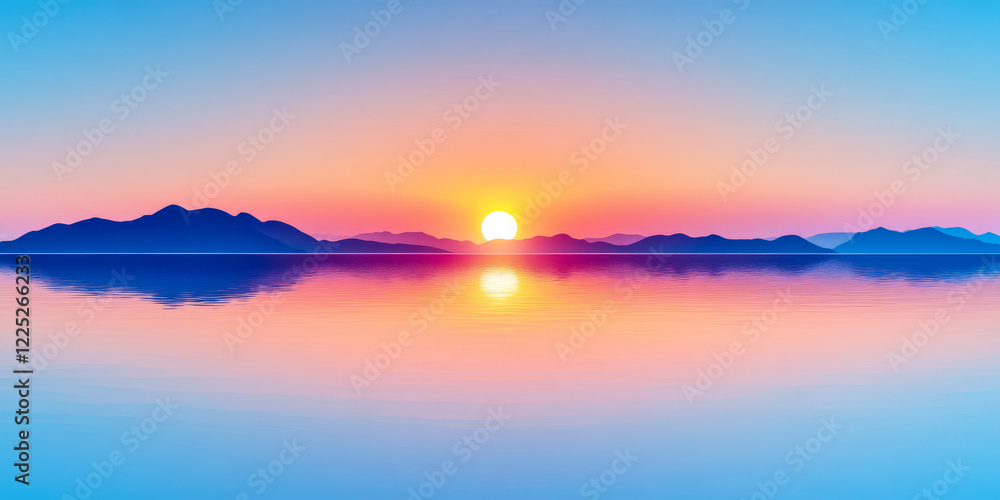 Sunset over calm water with distant mountains reflecting a colorful sky Sunset over calm water with distant mountains reflecting a colorful sky