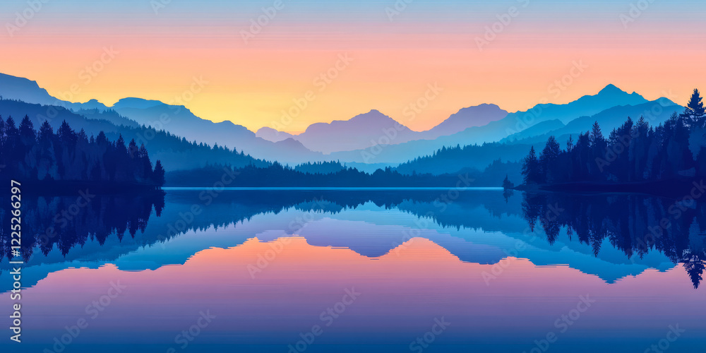 Fototapeta premium Tranquil evening sunset over a serene lake surrounded by mountains