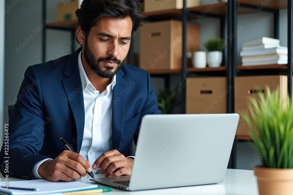 A focused young South Asian male professional in business attire working diligently on a laptop at a modern workspace, balancing productivity with a stylish office environment. A focused young South Asian male professional in business attire working diligently on a laptop at a modern workspace, balancing productivity with a stylish office environment.